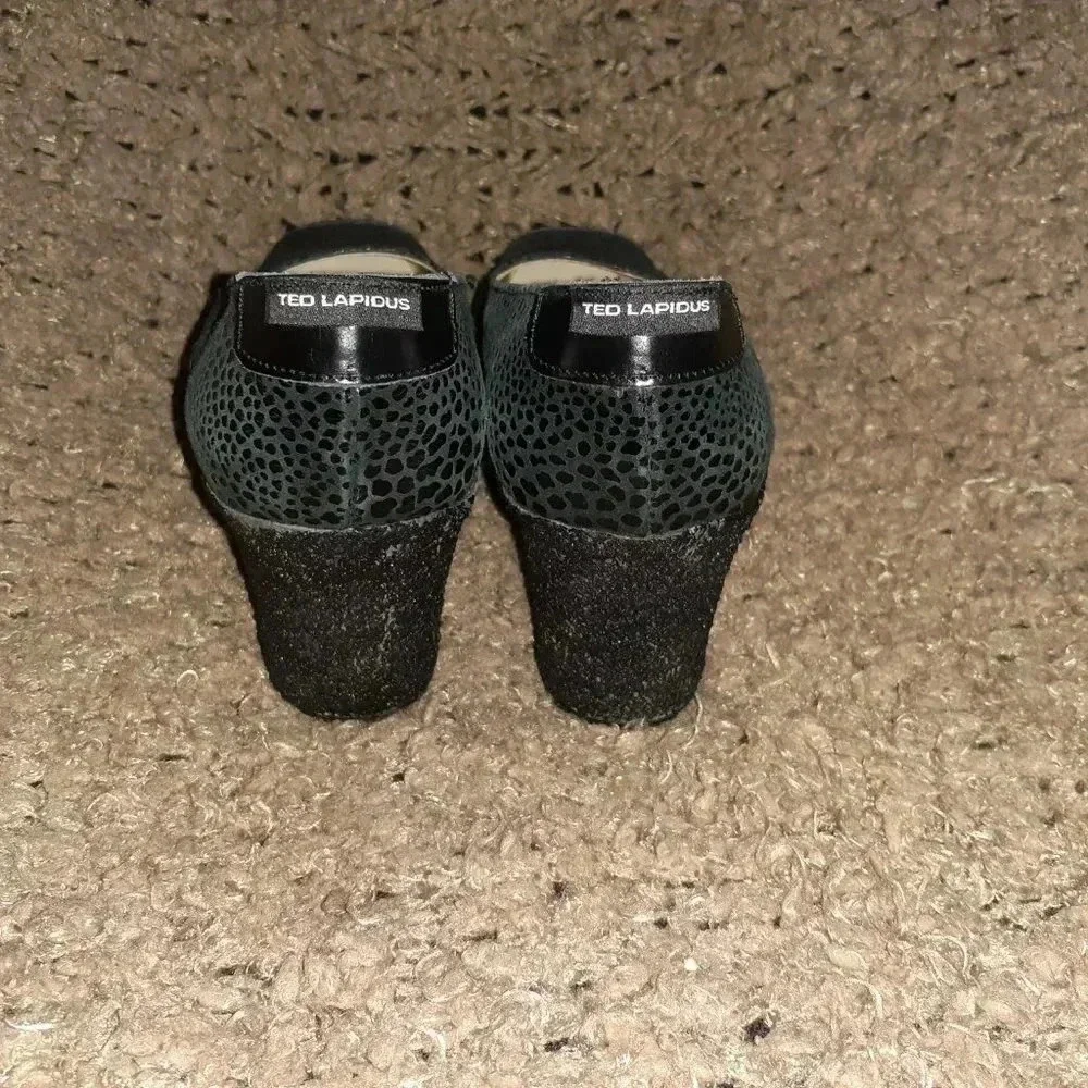 Vintage TED LAPIDUS-Black Suede/Leather Patterned Wedges-Sz 38-Excellent